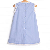 Bleu: Blossoms and Blessings Embroidered Pleated Dress, Blue Gingham