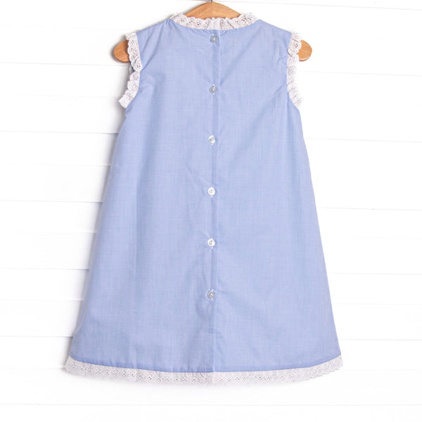 Bleu: Blossoms and Blessings Embroidered Pleated Dress, Blue Gingham
