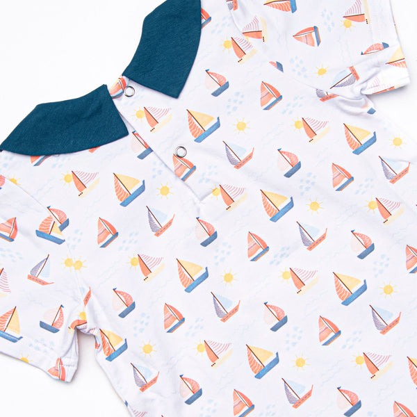 Sunset Sailing Collared Romper, Blue