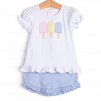 Anything is Popsicle Applique Ruffle Short Set, Blue Gingham