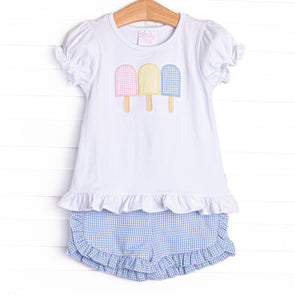 Anything is Popsicle Applique Ruffle Short Set, Blue Gingham