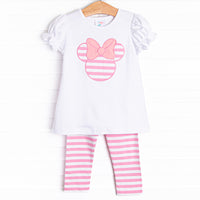 This adorable legging set features short sleeves, the sweetest mouse head applique, and coordinating pink striped leggings.