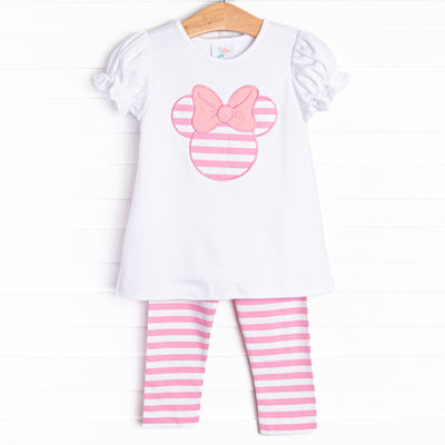 This adorable legging set features short sleeves, the sweetest mouse head applique, and coordinating pink striped leggings.