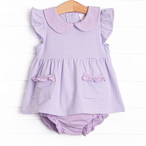 The set features purple stripes, ruffle trim, and purple knit diaper cover.