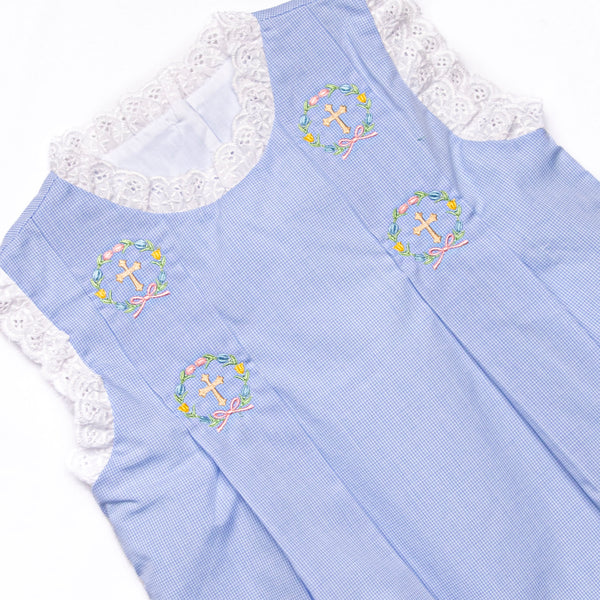 Bleu: Blossoms and Blessings Embroidered Pleated Dress, Blue Gingham