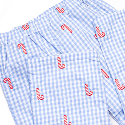 Candy Cane Craze Embroidered Pant Set, Blue Gingham