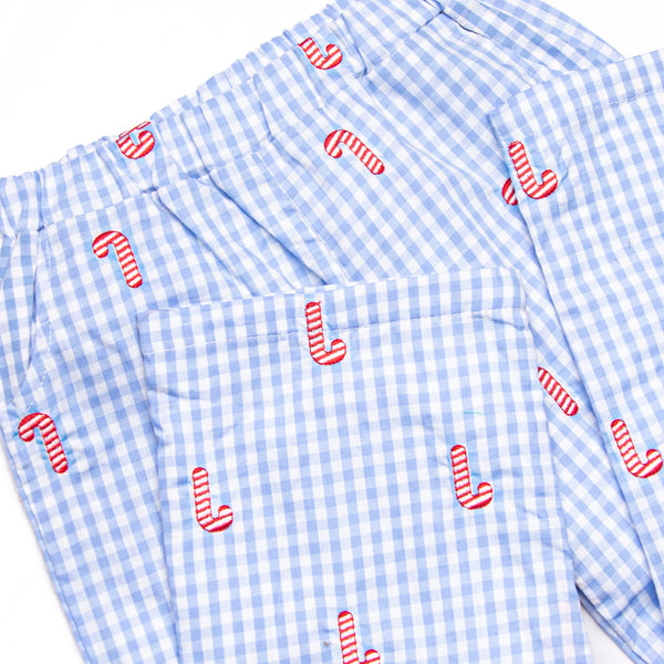 Candy Cane Craze Embroidered Pant Set, Blue Gingham