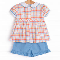 Preparatory Plaid Ruffle Short Set, Blue