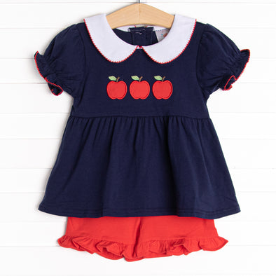 A is for Apple Applique Ruffle Short Set, Navy