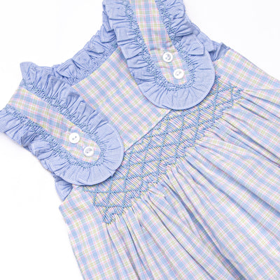 Bleu: Corinne Smocked Diaper Set, Light Blue and Green Plaid