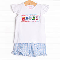 All the Feels Smocked Ruffle Short Set, Blue Check
