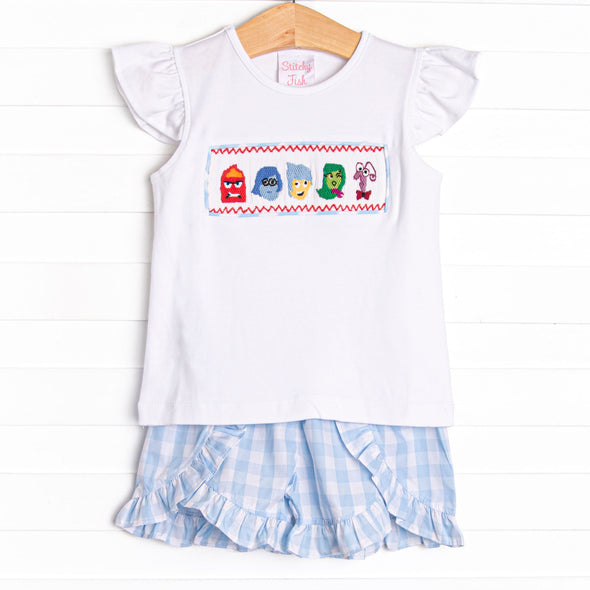 All the Feels Smocked Ruffle Short Set, Blue Check