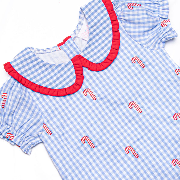Candy Cane Craze Embroidered Girl Bubble, Blue Gingham