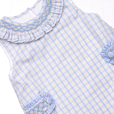 Bleu: Corinne Smocked Dress, Light Blue and Green Plaid