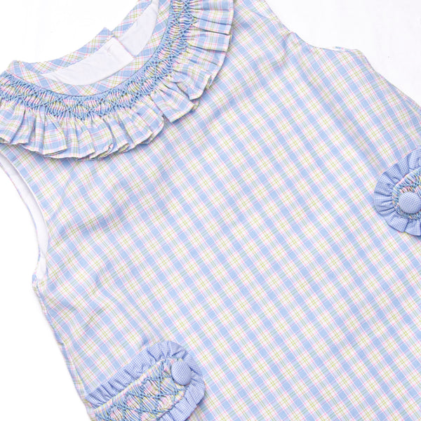 Bleu: Corinne Smocked Dress, Light Blue and Green Plaid