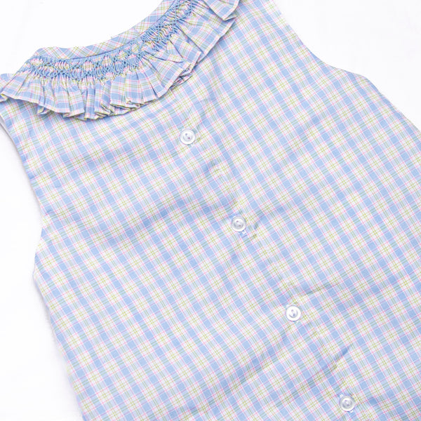 Bleu: Corinne Smocked Dress, Light Blue and Green Plaid