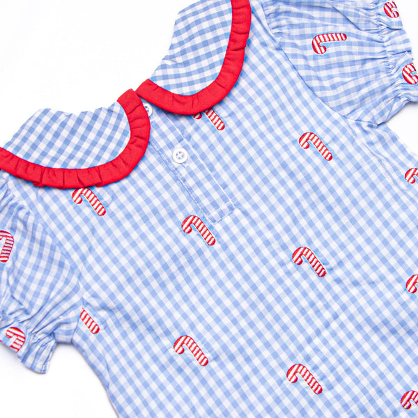Candy Cane Craze Embroidered Girl Bubble, Blue Gingham