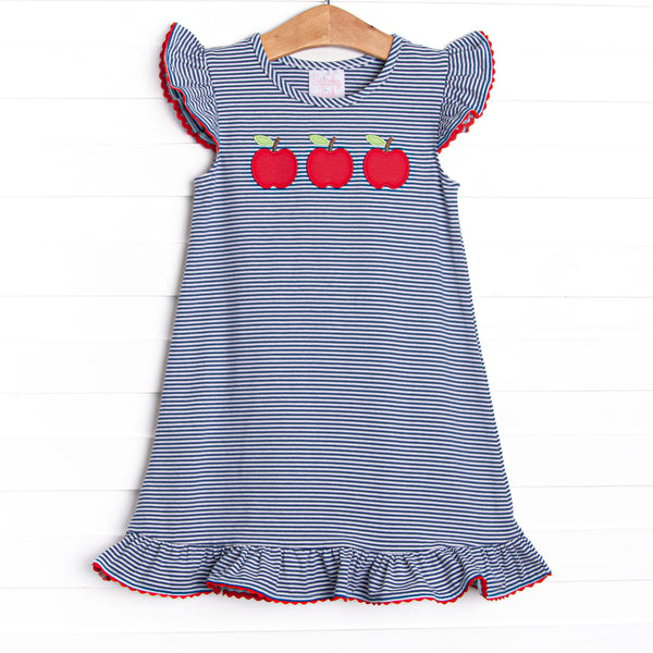 A+ Apples Applique Flutter Sleeve Dress, Navy Stripe