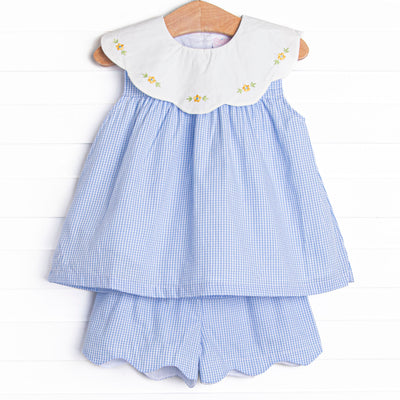 Dew Drop Daisies Embroidered Short Set, Blue