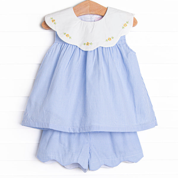 Dew Drop Daisies Embroidered Short Set, Blue