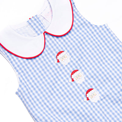 Santa Claus Craze Embroidered Jon Jon, Blue Gingham