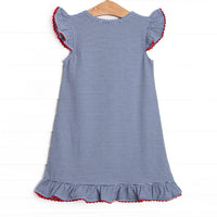 A+ Apples Applique Flutter Sleeve Dress, Navy Stripe