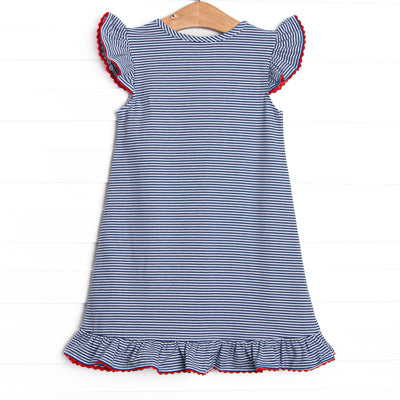 A+ Apples Applique Flutter Sleeve Dress, Navy Stripe