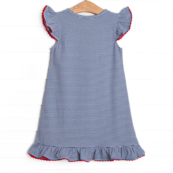 A+ Apples Applique Flutter Sleeve Dress, Navy Stripe