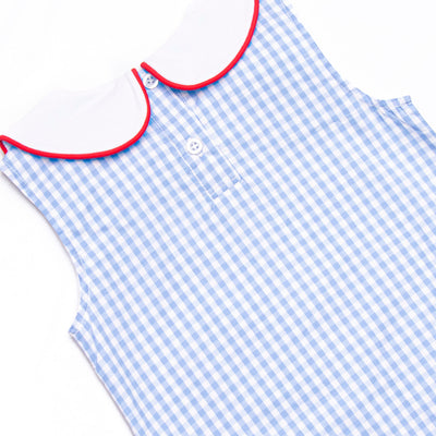 Santa Claus Craze Embroidered Jon Jon, Blue Gingham