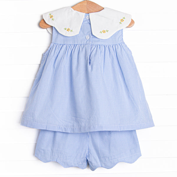 Dew Drop Daisies Embroidered Short Set, Blue