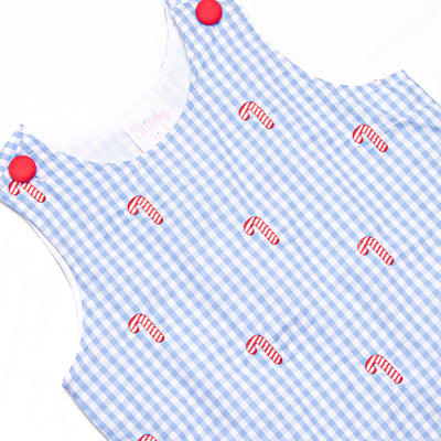 Candy Cane Craze Embroidered Jon Jon, Blue Gingham