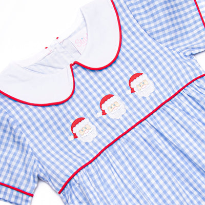 Santa Claus Craze Embroidered Bubble, Blue Gingham