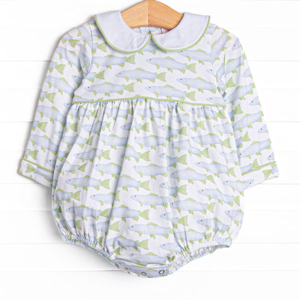 This bubble features a fish print, a peter pan collar, and snaps on the stride.