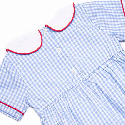Santa Claus Craze Embroidered Bubble, Blue Gingham