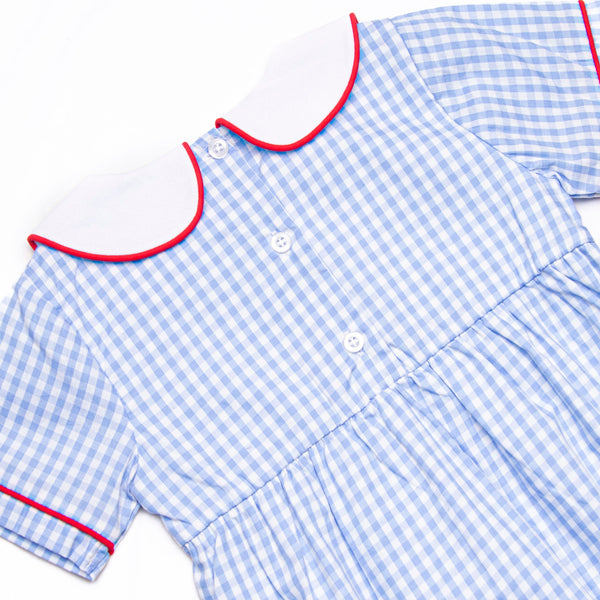 Santa Claus Craze Embroidered Bubble, Blue Gingham