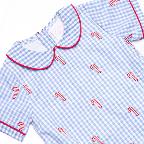 Candy Cane Craze Embroidered Boy Bubble, Blue Gingham