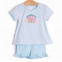 Southern Soiree Applique Ruffle Short Set, Blue