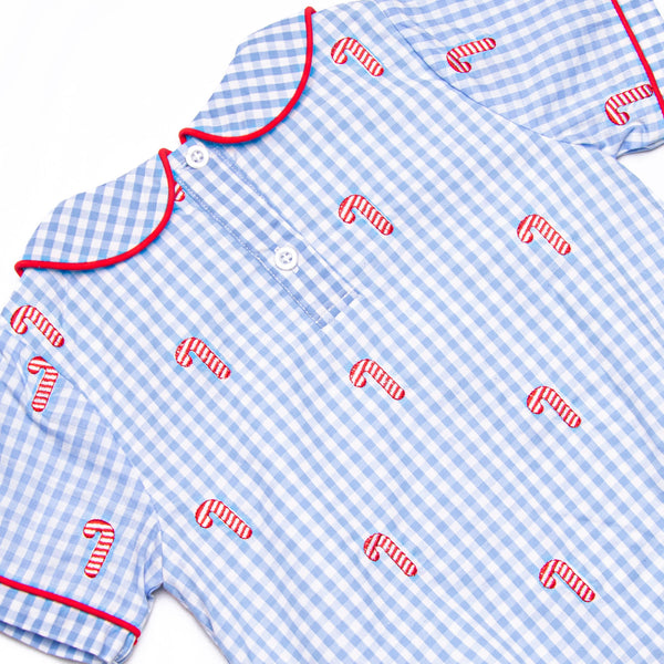 Candy Cane Craze Embroidered Boy Bubble, Blue Gingham