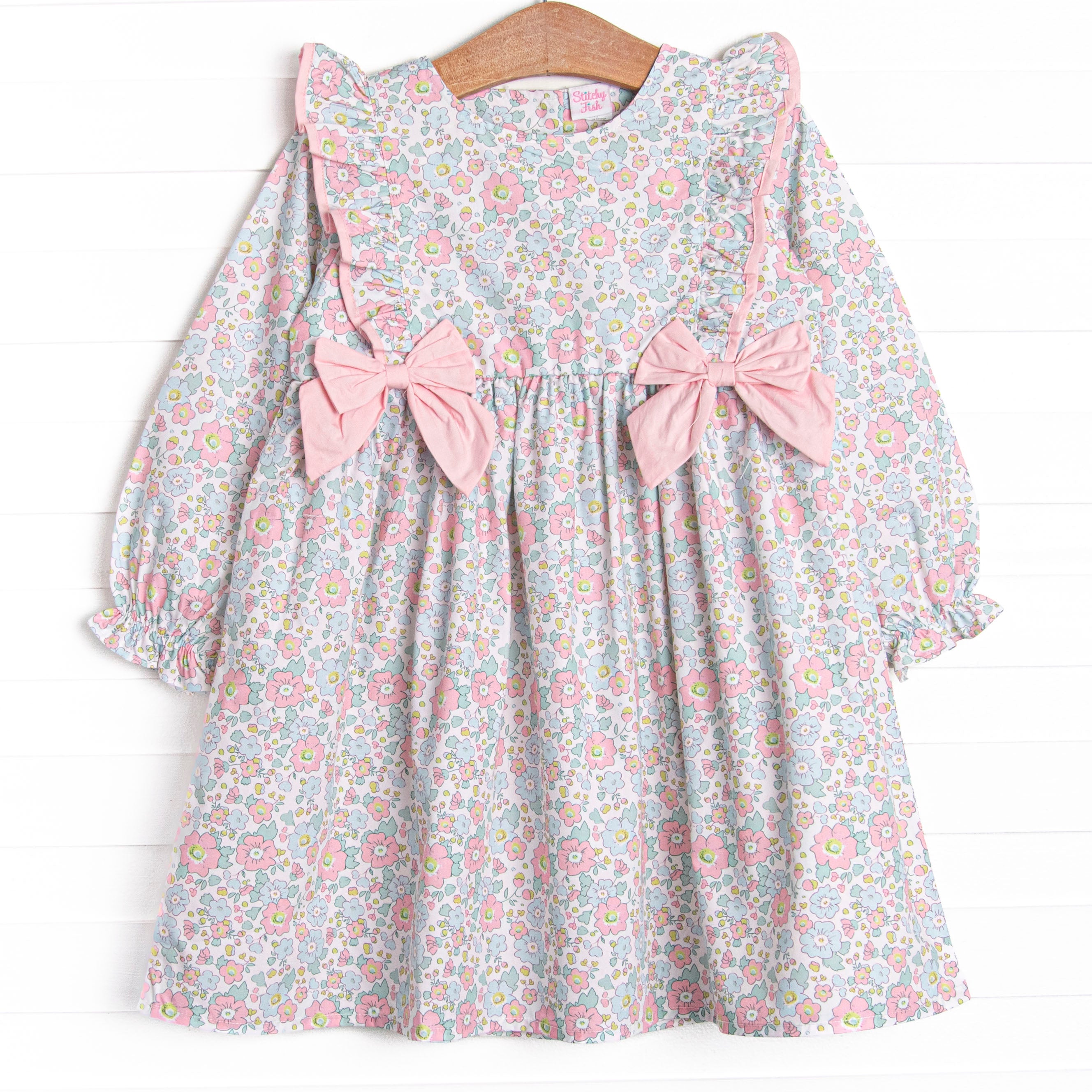 Girl's Early Fall Florals Bow Dress in Pink size 7 | Stitchy Fish Girl's Early Fall Florals Bow Dress in Pink size 7 | Stitchy Fish