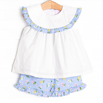 Flower Bed Blooms Ruffle Short Set, Blue