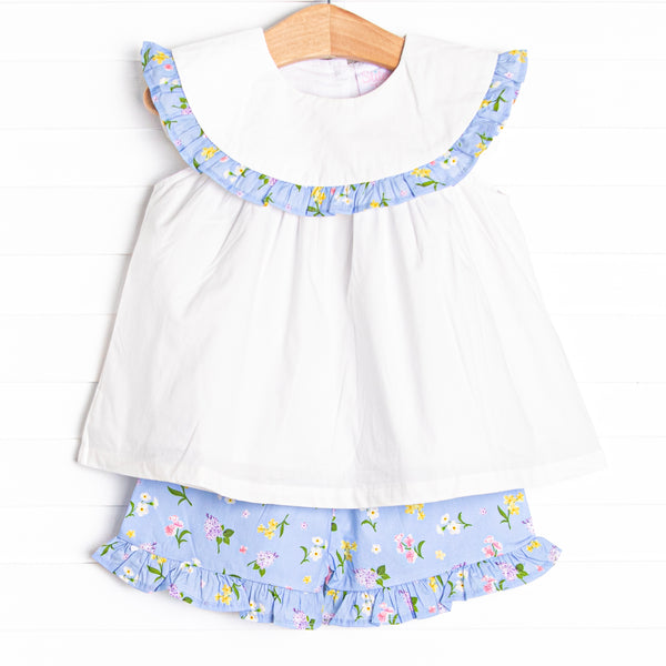 Flower Bed Blooms Ruffle Short Set, Blue