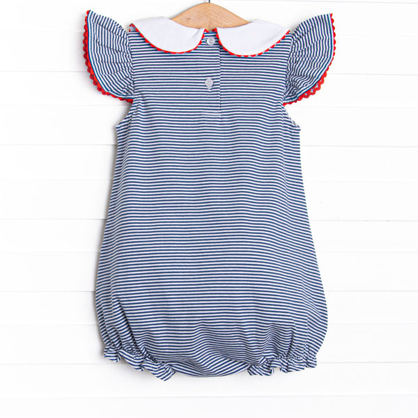 A+ Apples Applique Flutter Sleeve Bubble, Navy Stripe