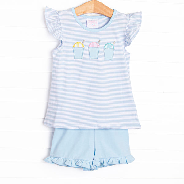 Summer Snow Cones Applique Ruffle Short Set, Blue Stripe