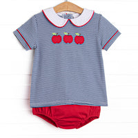 A+ Apples Applique Collared Diaper Set, Navy Stripe