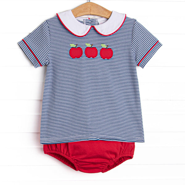 A+ Apples Applique Collared Diaper Set, Navy Stripe