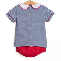 A+ Apples Applique Collared Diaper Set, Navy Stripe