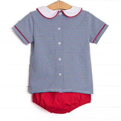 A+ Apples Applique Collared Diaper Set, Navy Stripe