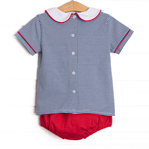A+ Apples Applique Collared Diaper Set, Navy Stripe