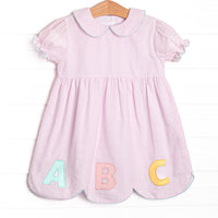 Alphabet Adventures Applique Scalloped Dress, Pink Seersucker