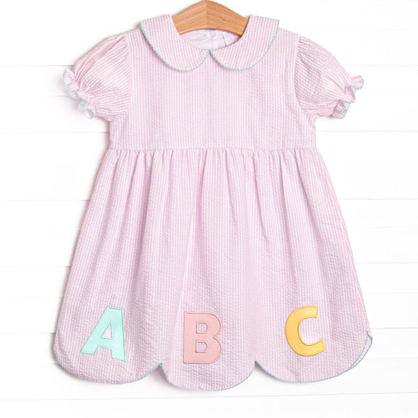 Alphabet Adventures Applique Scalloped Dress, Pink Seersucker